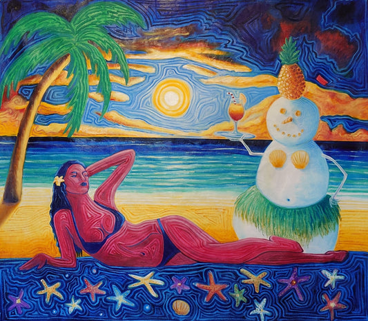 Femme rouge et son bonhomme de neige